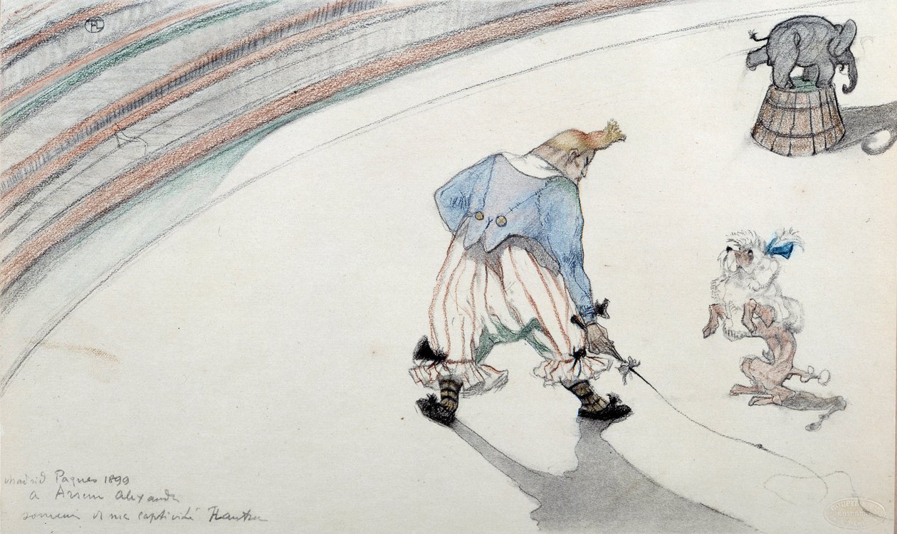 马戏团场景：盛装舞步。 小丑与科学家犬和杂技大象。 Henri de Toulouse Lautrec (1864-1901) 绘画 19 世纪 Albi，Musee de Toulouse Lautrec 作者 亨利·德·图卢兹·劳特雷克