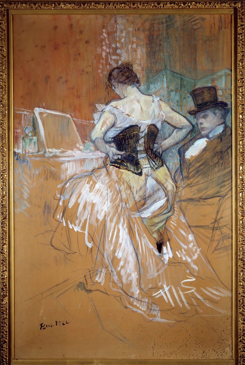 Conquete 在过境中，身着紧身胸衣的女人 Prostituee 在妓院的客户面前穿着。 Henri de Toulouse Lautrec (Toulouse-Lautrec 作者 亨利·德·图卢兹·劳特雷克