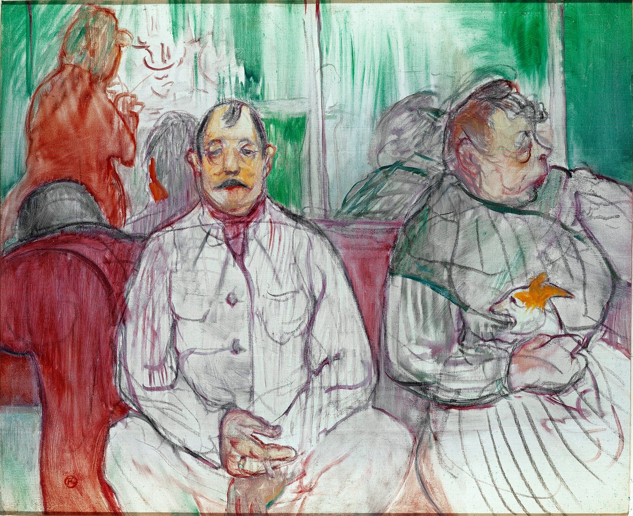 他，她和狗（夫妇与狗）。 亨利·德·图卢兹-劳特累克 (Toulouse Lautrec 作者 亨利·德·图卢兹·劳特雷克
