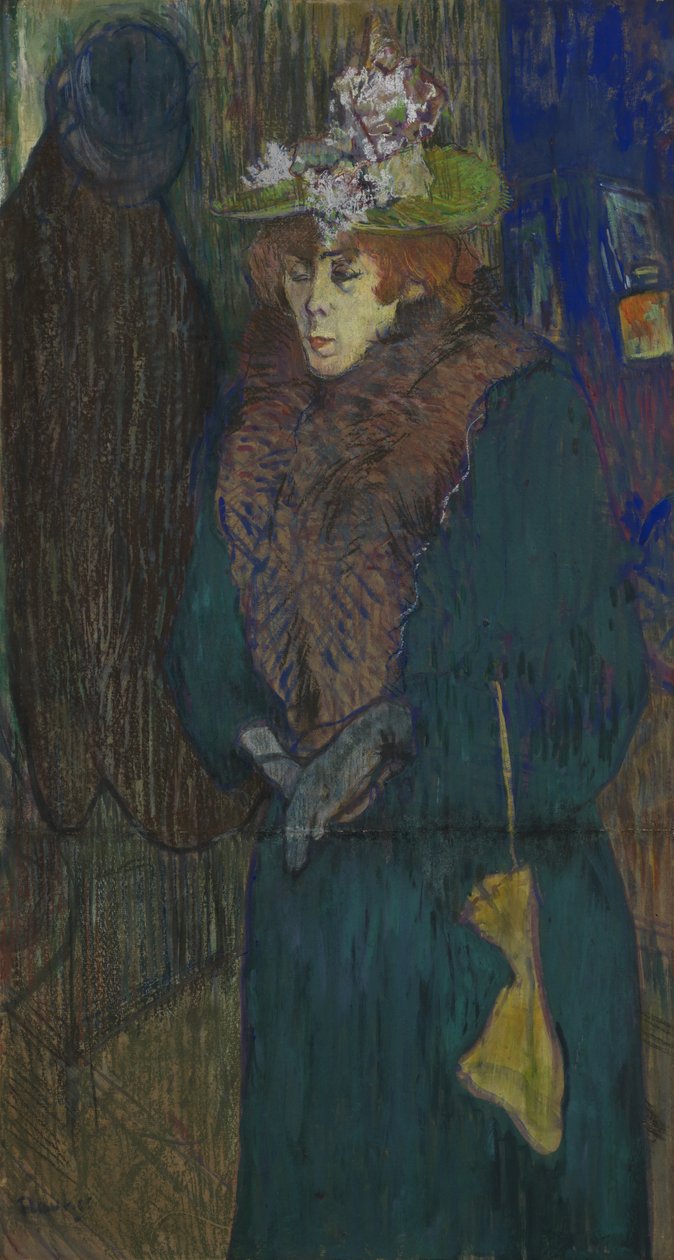 简·艾薇儿（Jane Avril）在红磨坊入口处，戴上手套，约于1892年 作者 亨利·德·图卢兹·劳特雷克