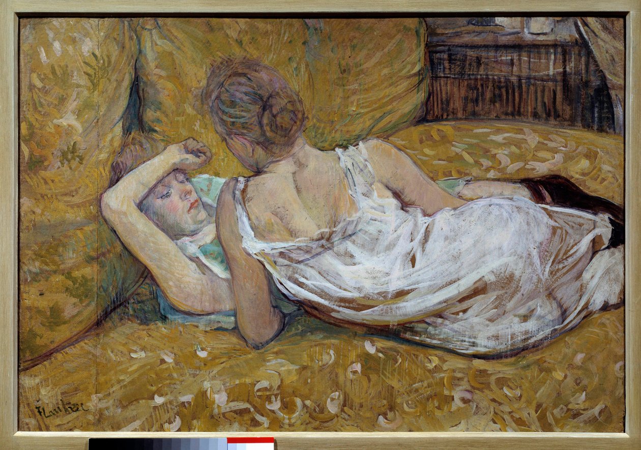 Les deux Friendsies 躺在床上的年轻女性 - Henri de Toulouse Lautrec (1864-1901) 的绘画 1895 年私人收藏 - 两个朋友 - Henri de Toulouse Lautrec (1864-1901) 的绘画 作者 亨利·德·图卢兹·劳特雷克