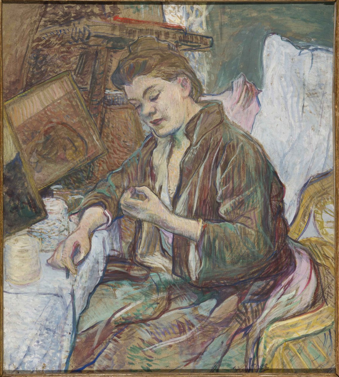 法弗尔夫人在厕所里，1891年 作者 亨利·德·图卢兹·劳特雷克