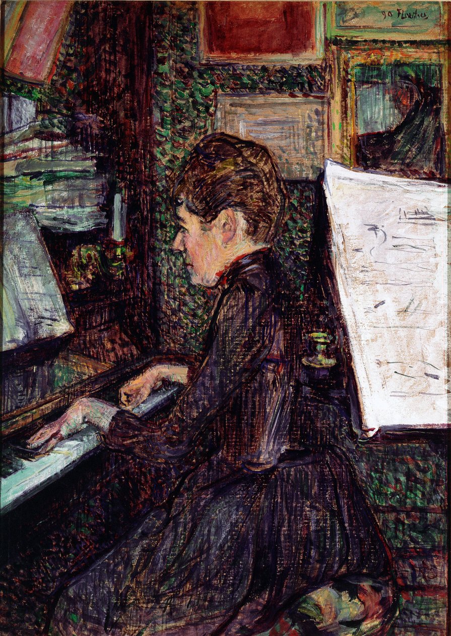 迪豪小姐在钢琴上。亨利-德-图卢兹-劳特累克（Toulouse Lautrec）的画作 作者 亨利·德·图卢兹·劳特雷克