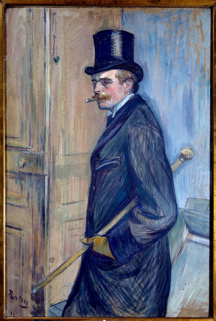 路易斯·帕斯卡 (Louis Pascal) (1864-1901) 的肖像 这位艺术家的堂兄头戴顶礼帽，拄着拐杖，抽着烟。 Henri de Toulouse Lautrec (1864-1901) 1891 年作画。 0,81x0,54 m 阿尔比。 图卢兹·劳特累克博物馆 - 路易·帕斯卡 (1864-1901) 的肖像，艺术作品 作者 亨利·德·图卢兹·劳特雷克
