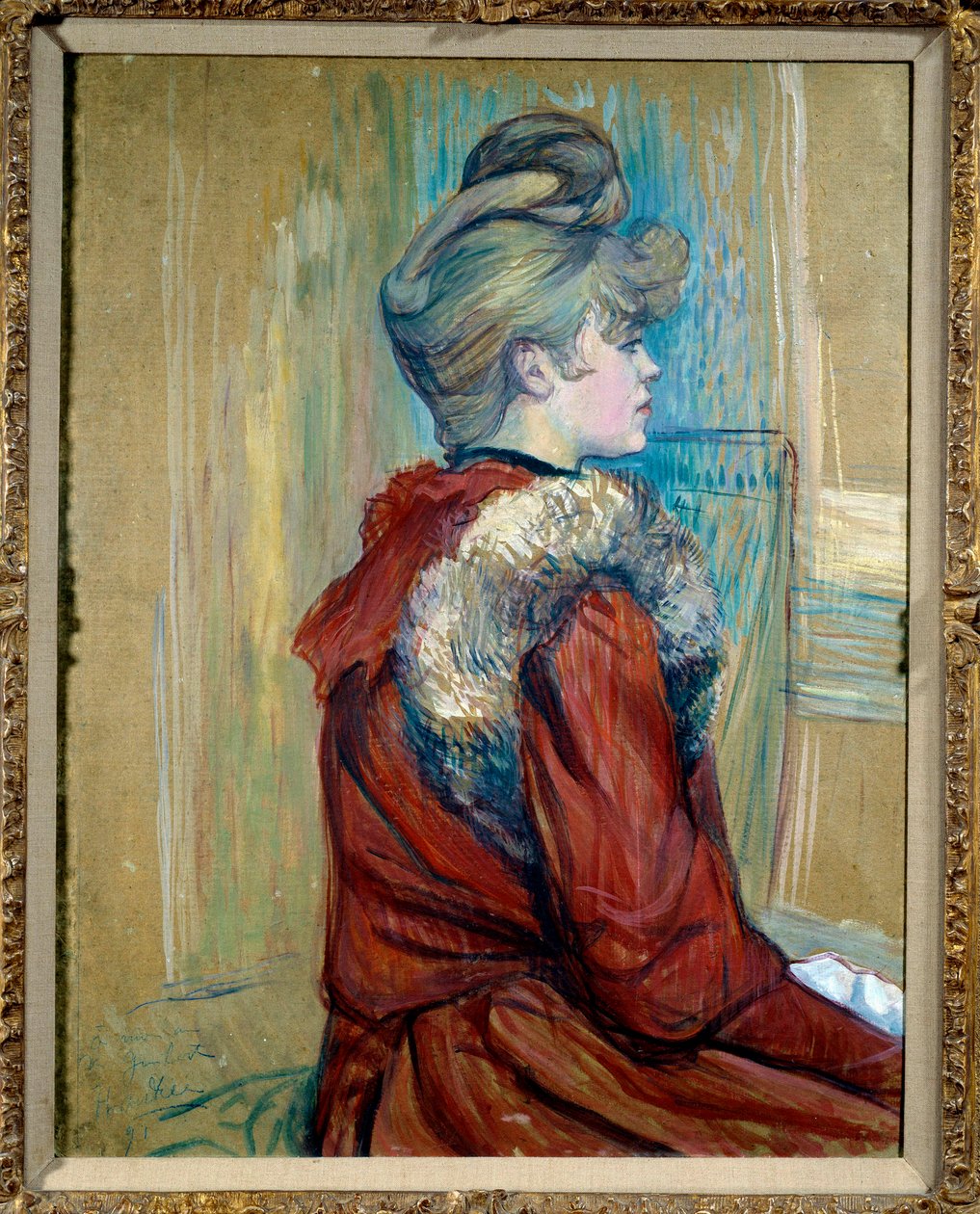 Henri de Toulouse Lautrec (1864-1901) 1889 年的画作“Le Moulin de La Galette”研究的皮草女孩肖像 私人收藏 - 皮草女孩的肖像。 研究“Le Moulin de la Galette””。 亨利·德·图卢兹·劳特累克 (1864-190) 的绘画 作者 亨利·德·图卢兹·劳特雷克
