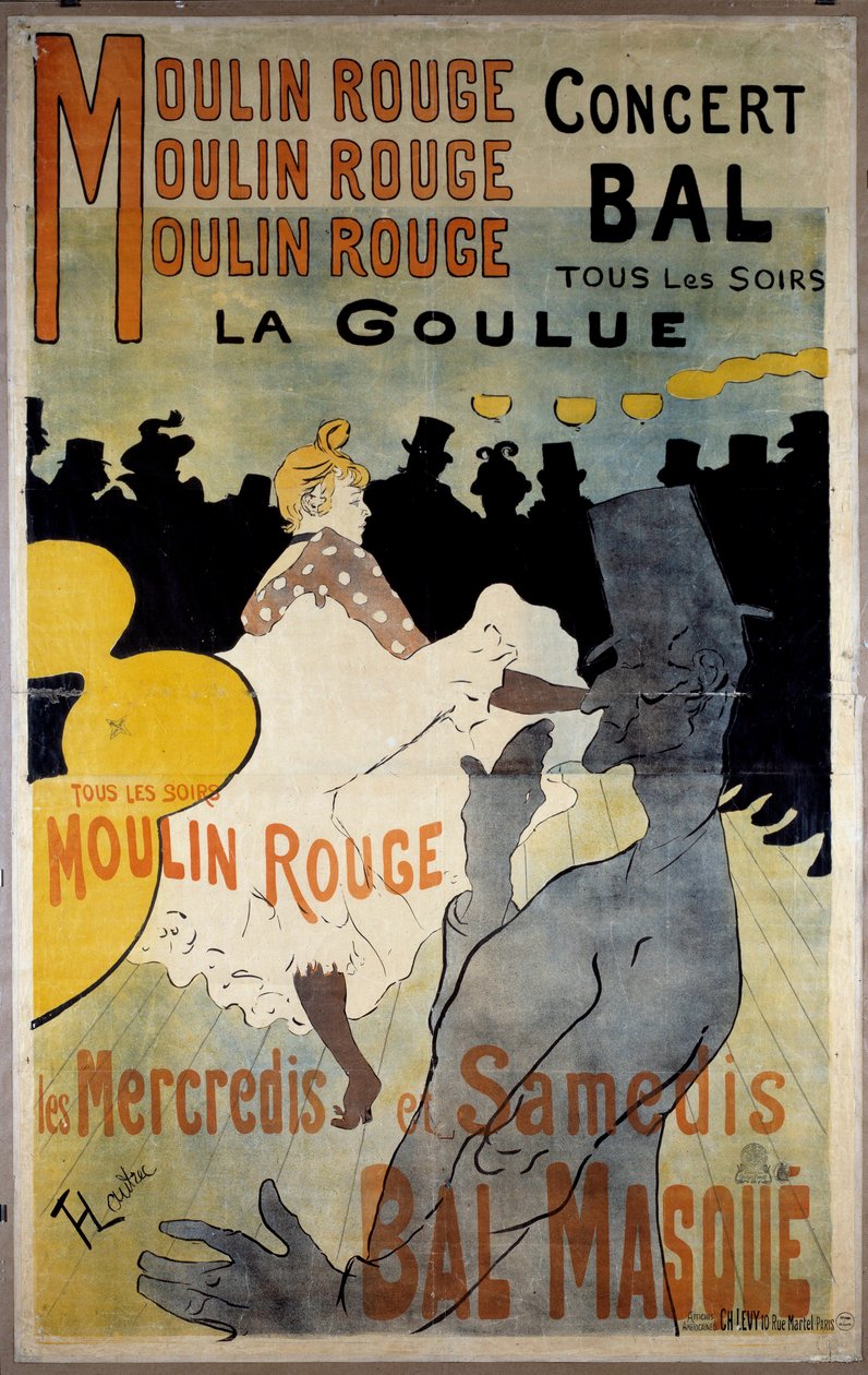红磨坊的海报（球面具 "La Goulue"）。亨利-德-图卢兹-劳特累克（Toulouse-Lautrec）的石版画。 作者 亨利·德·图卢兹·劳特雷克