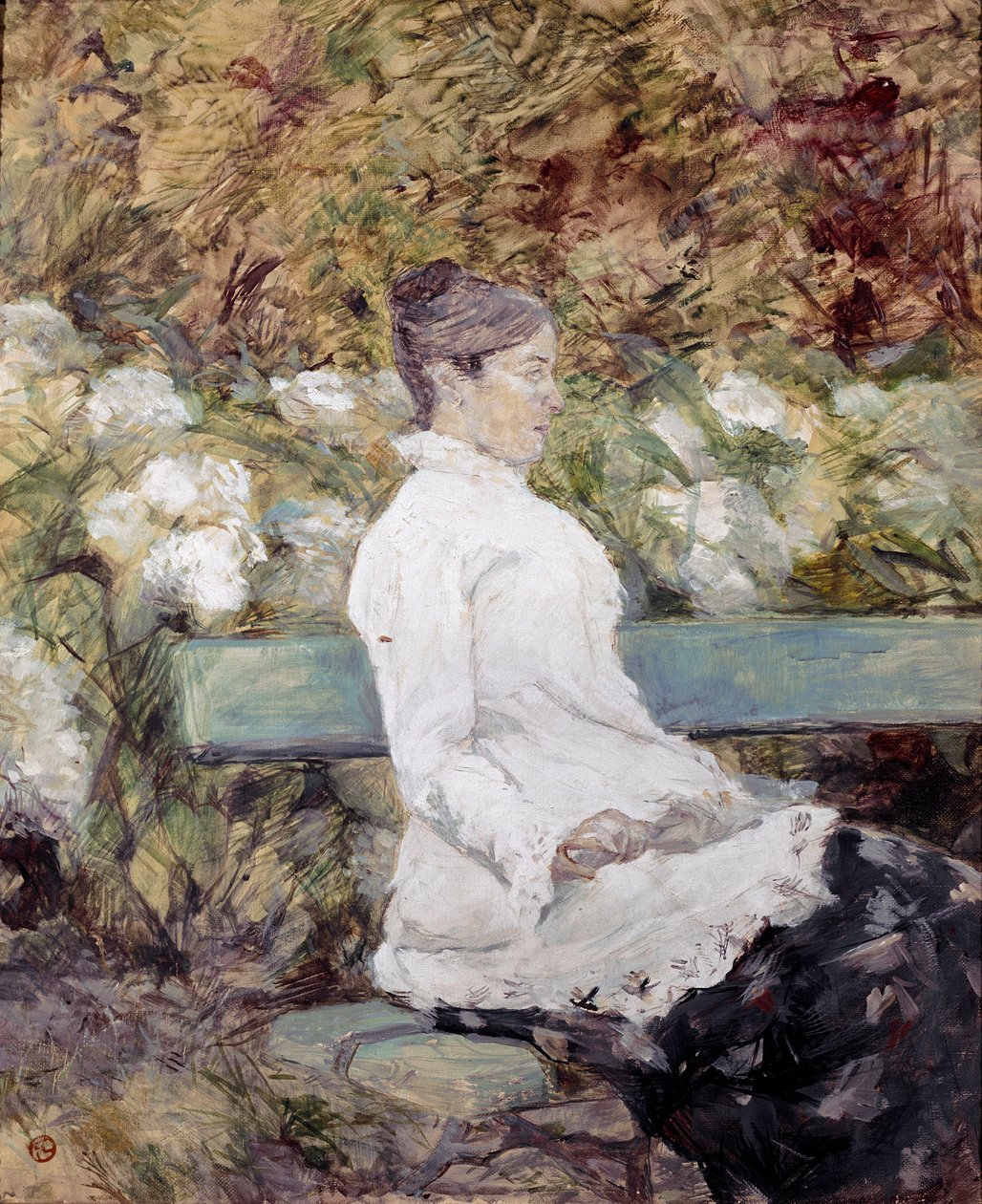 画家的母亲在花园里。 亨利·德·图卢兹-劳特累克 (Toulouse Lautrec 作者 亨利·德·图卢兹·劳特雷克