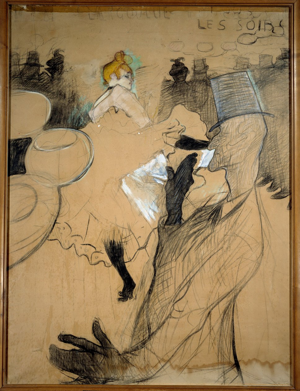 红磨坊、Goulue 和 Valentin le Desosse。 素描，带有彩色高光的木炭。 Henri De Toulouse Lautrec (1864-1901) 的绘画 作者 亨利·德·图卢兹·劳特雷克
