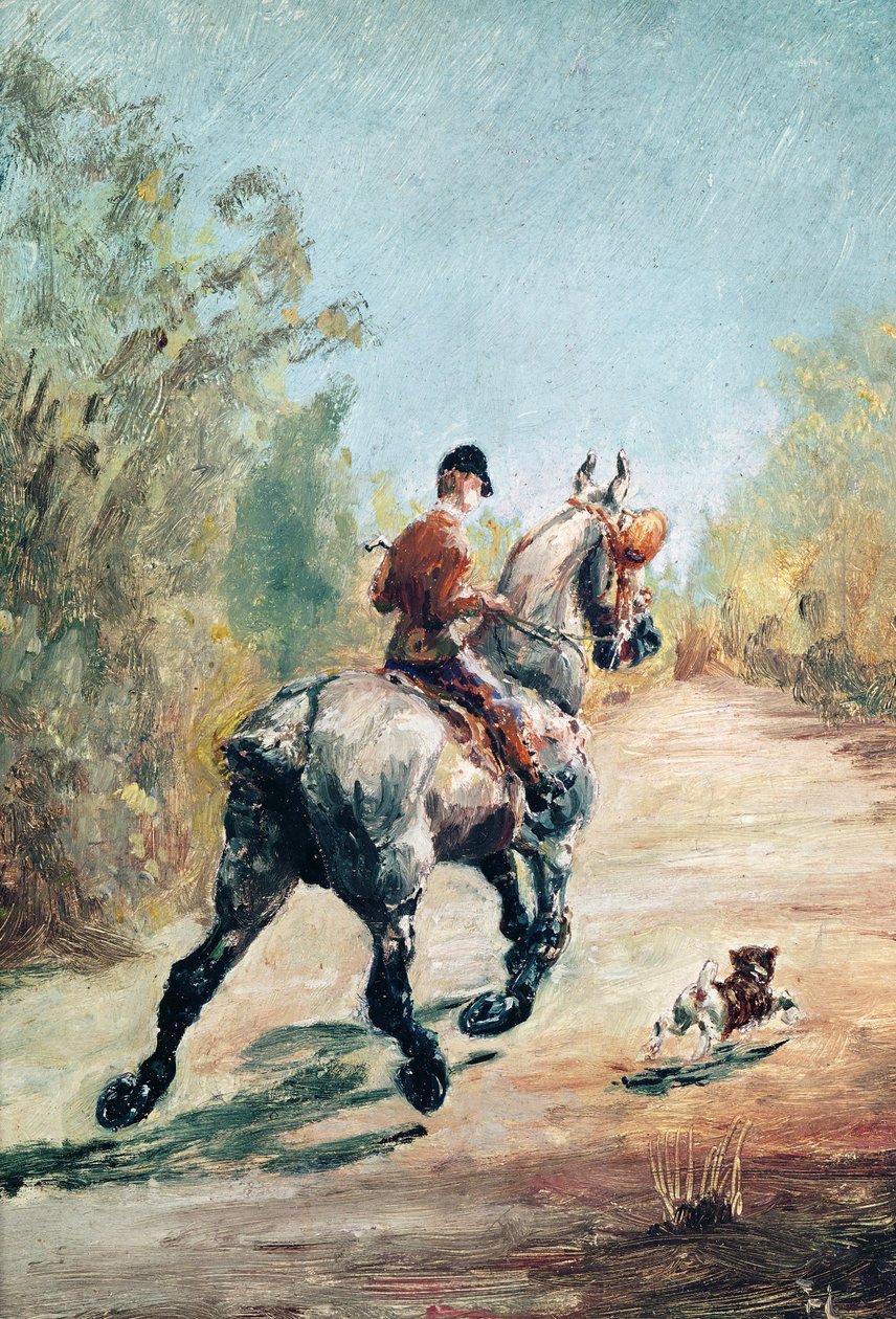 与小狗一起小跑骑士，1879年 作者 亨利·德·图卢兹·劳特雷克