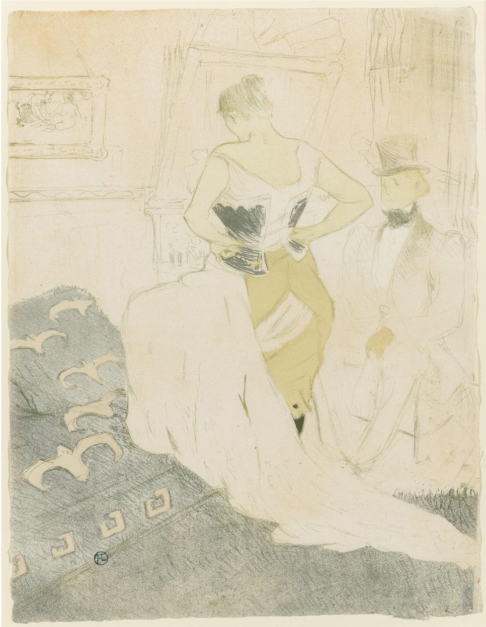 调整她的紧身胸衣的女人，1896年 作者 亨利·德·图卢兹·劳特雷克