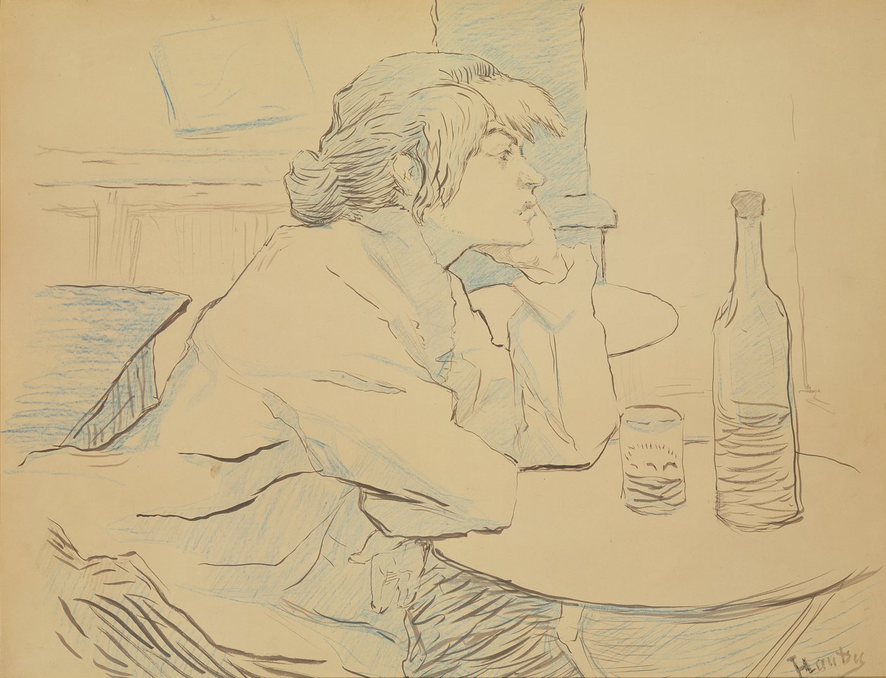 女人饮酒者，或宿醉，1889年（墨水和彩色铅笔） 作者 亨利·德·图卢兹·劳特雷克
