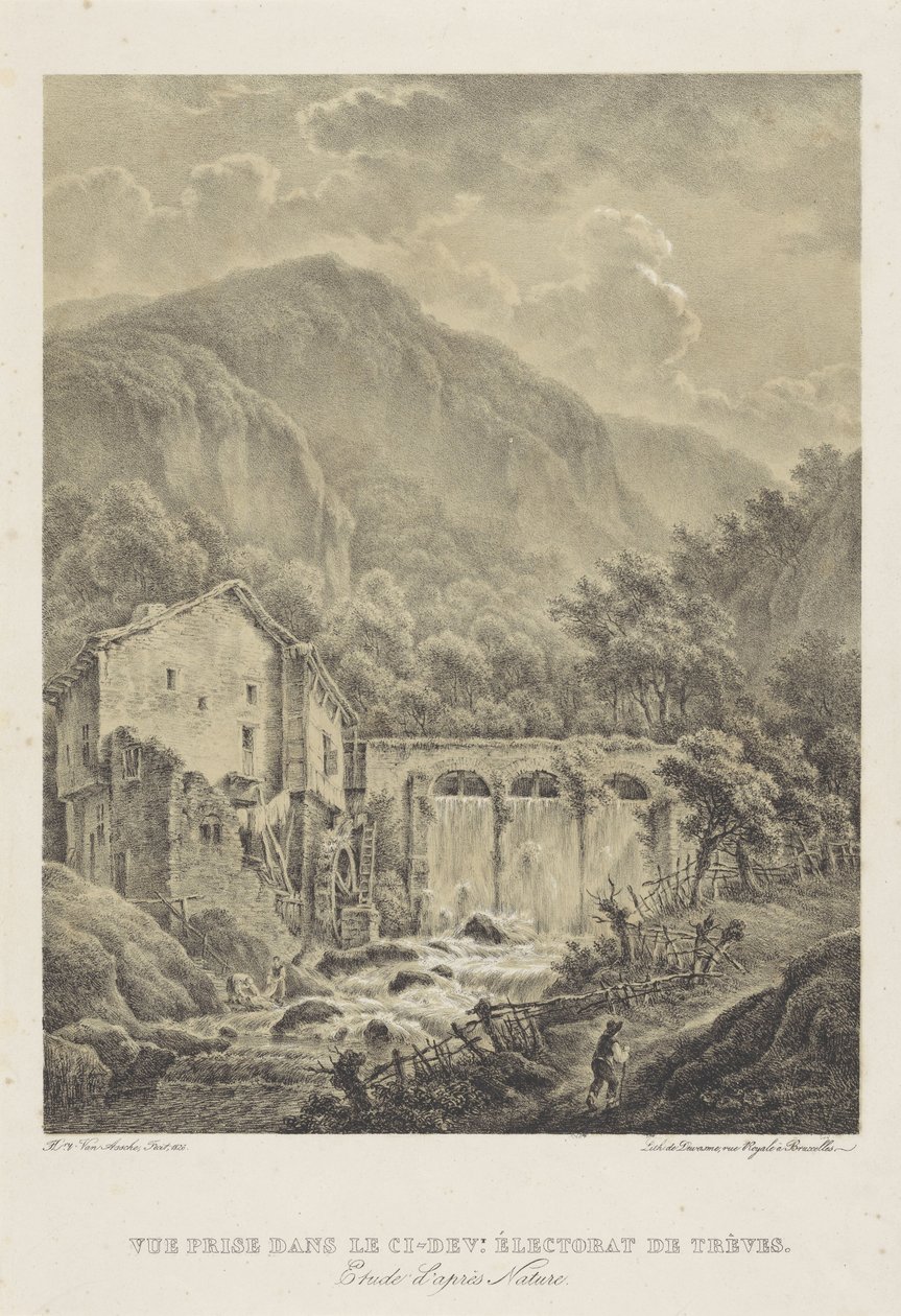 特里尔附近有水磨坊的山景
Vue prise dans le ci-dev.Éectorat de trèves（物体上的标题） 作者 亨利·范·阿舍