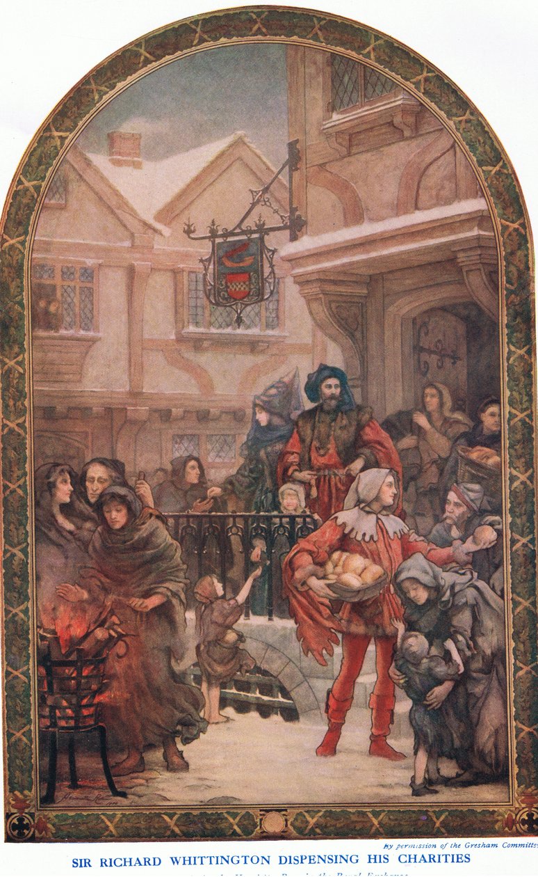 Ricahard Whittington爵士从Waverley Book Company Limited出版的卡塞尔斯英国人历史上分发他的慈善机构，c.1940 作者 亨丽埃塔·雷伊