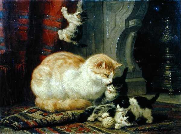 小猫咪在玩耍（板面油画 作者 亨利埃特·格特鲁里德·克尼普