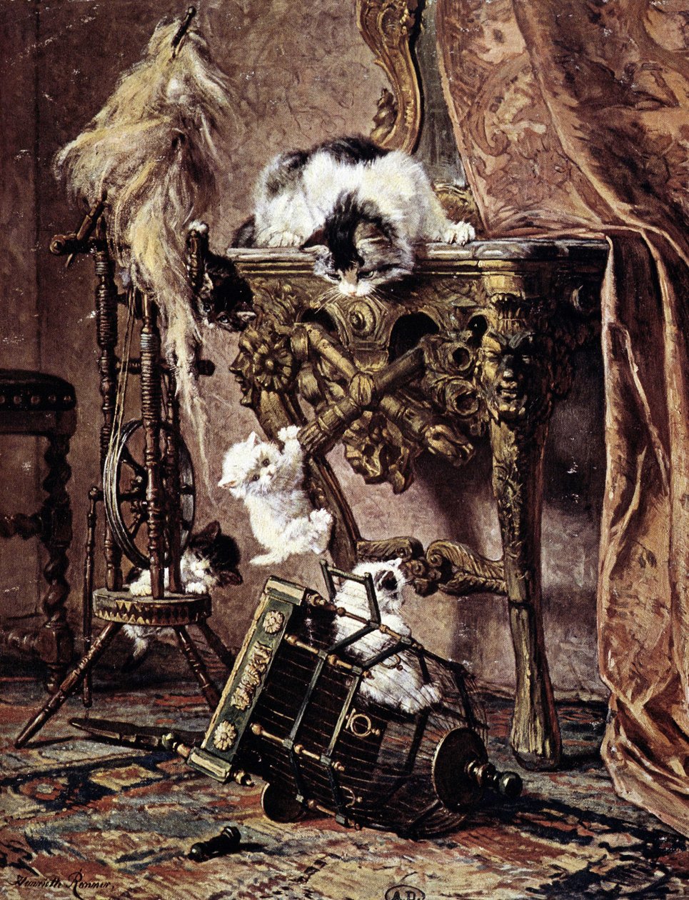 一只猫看着她的小猫玩耍 - 亨丽埃特·罗纳 (Henriette Ronner) 作者 亨利特·罗纳·克尼普