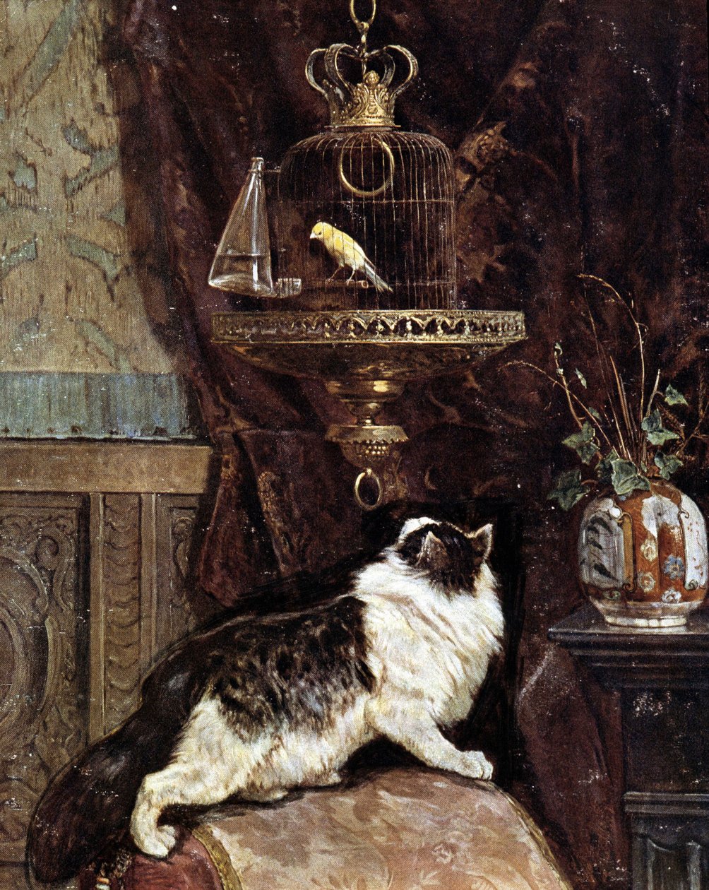 Cat spying on a bird in a cage - by Henriette Ronner 作者 亨利特·罗纳·克尼普