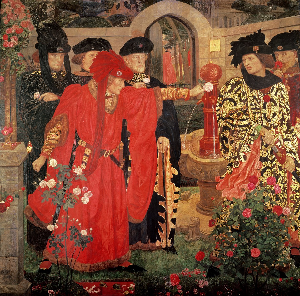 1910年在寺庙花园中选择红玫瑰和白玫瑰 作者 亨利·佩恩