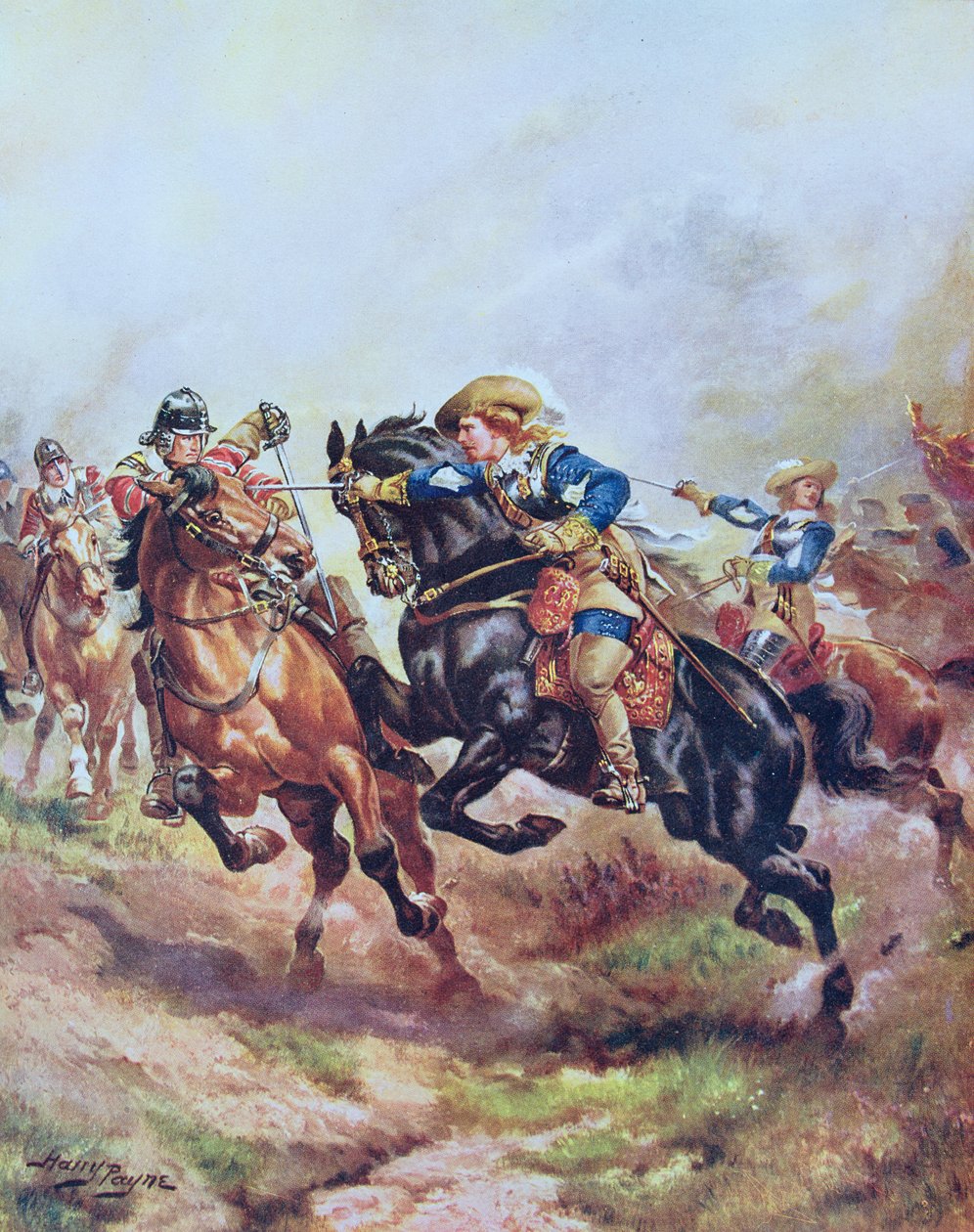 1642年鲁珀特王子的骑兵在Edgehill充电，哈钦森的“英国民族的故事”插图c.1920 作者 亨利·佩恩