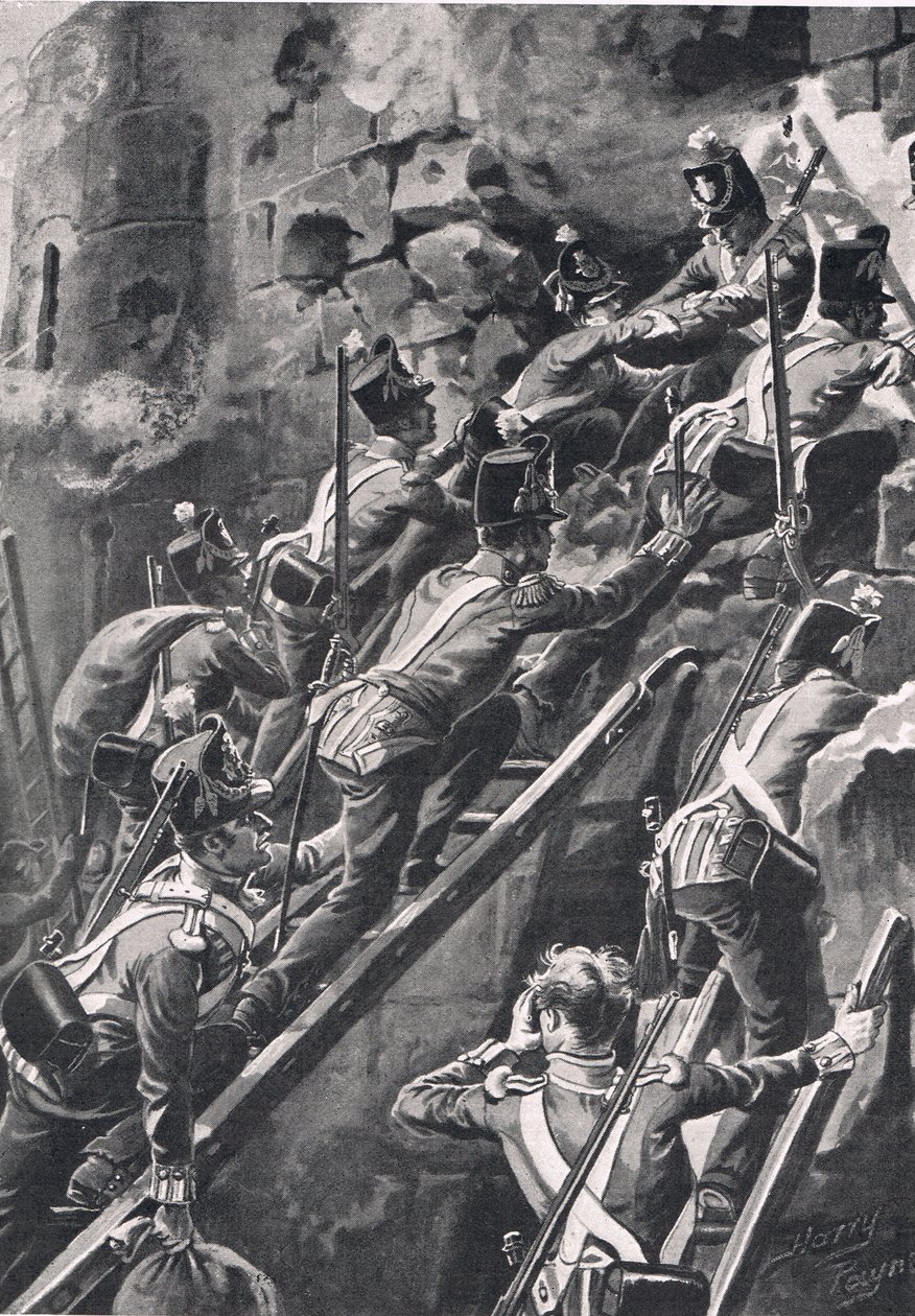 1812年1月19日，罗德里戈城风暴中的康诺斯游骑兵队，来自“英国陆地和海上战役”的插图，由卡塞尔出版，伦敦，c.1910 作者 亨利·佩恩