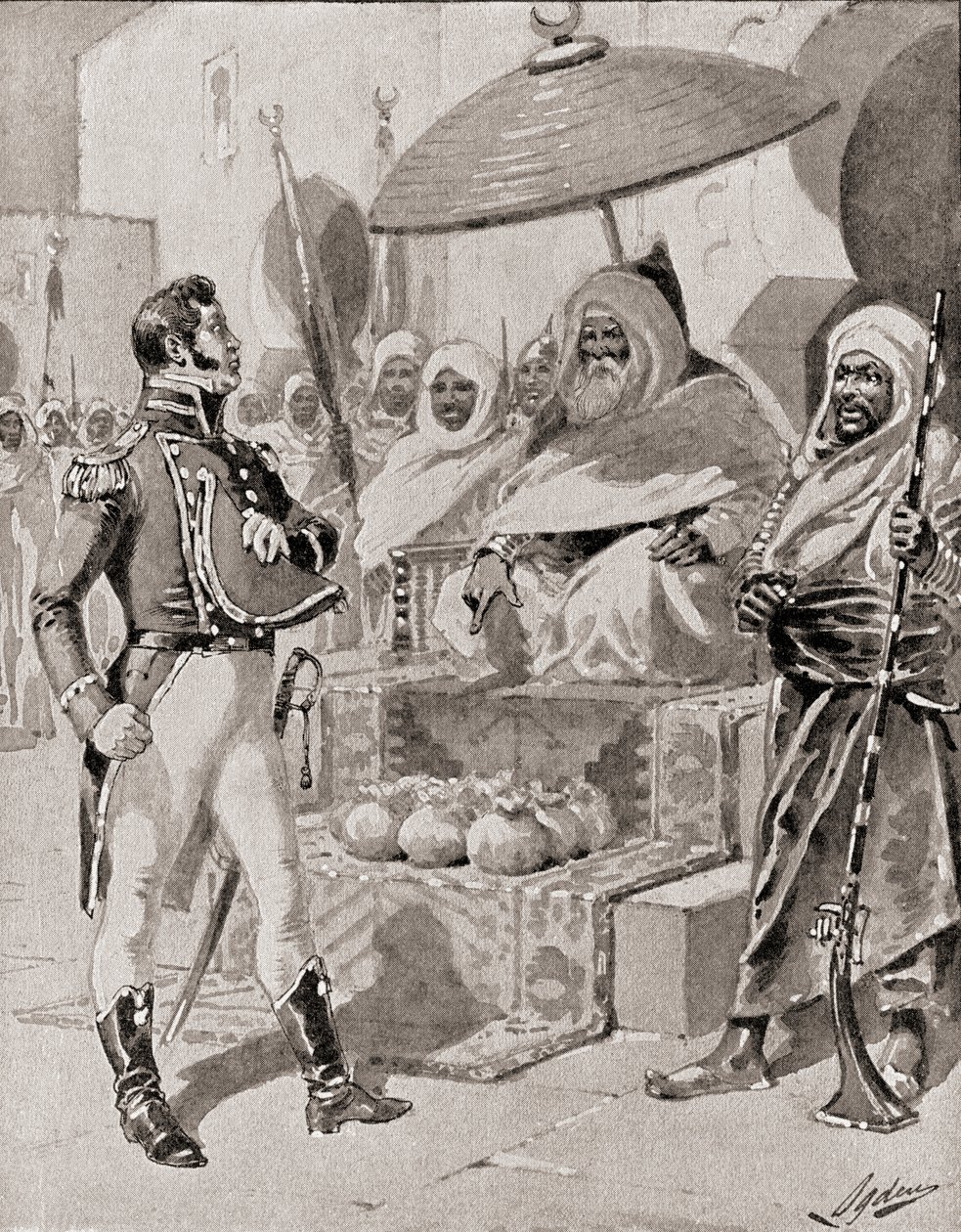 威廉·班布里奇（William Bainbridge）船长向阿尔及尔的戴伊致敬，以确保豁免在1800年获得地中海美国商船的俘虏。 作者 亨利·亚历山大·奥格登