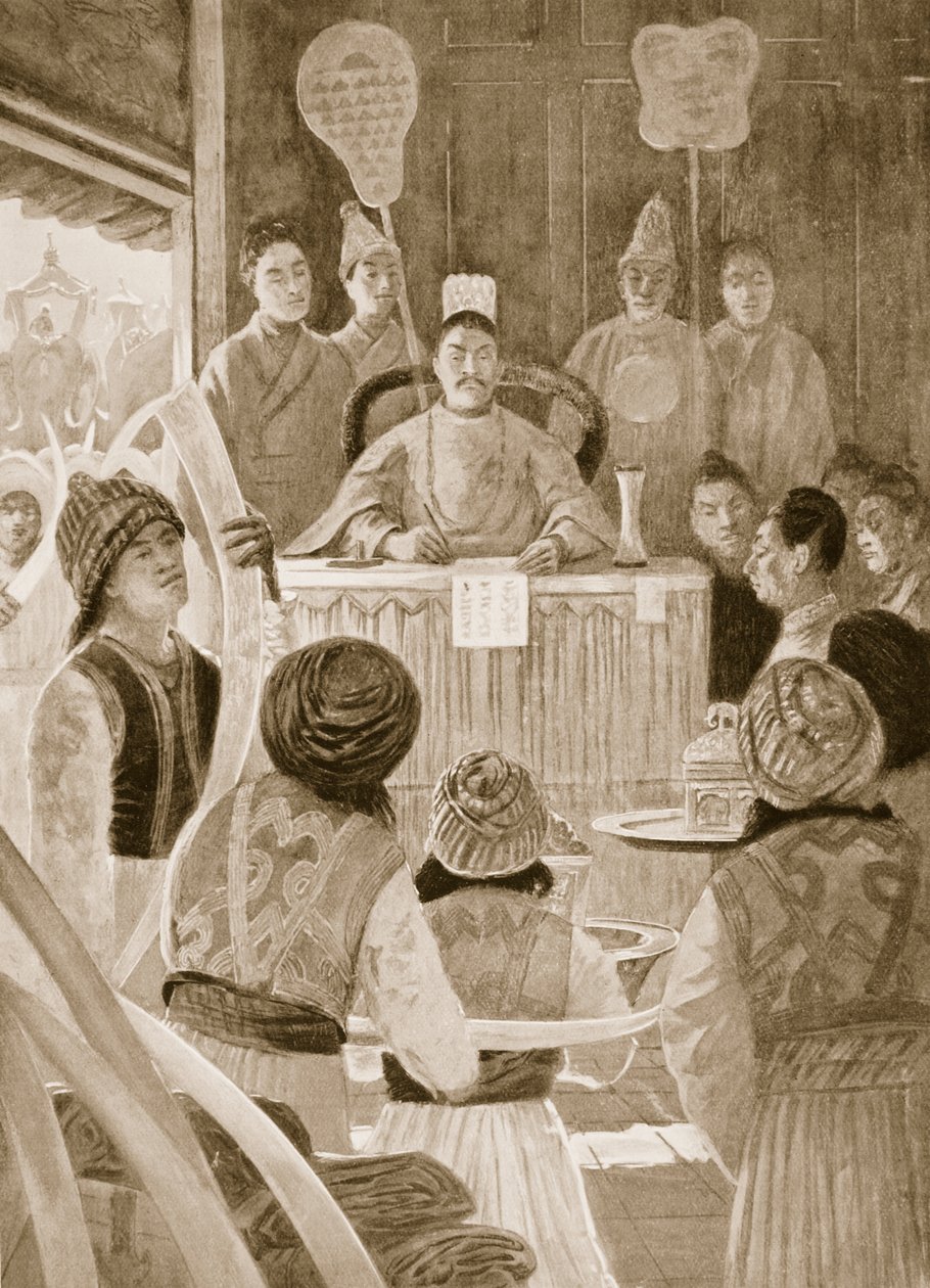 暹罗使节向中国皇帝致敬，插图来自&39;哈钦森国家历史&39;，c.1910 作者 亨利·查尔斯·塞普金斯·赖特