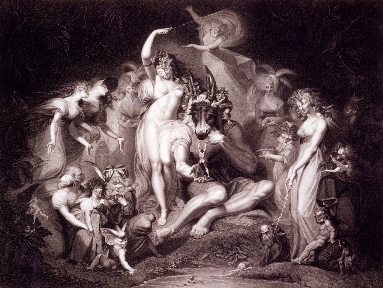 Titania，Bottom and the Fairies，Act 4，仲夏夜之梦的场景1，来自约翰和Josiah Boydell的“莎士比亚”，出版于1803-05 作者 约翰·海因里希·富斯里