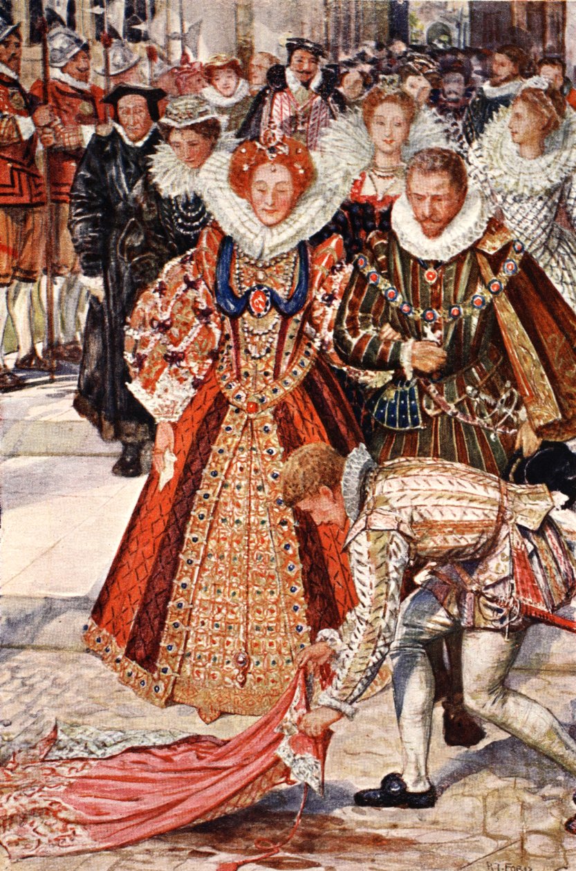 沃尔特·罗利（Walter Raleigh）为英国女王伊丽莎白扔掉了斗篷，1912年出版的沃尔特·斯科特爵士的“凯尼尔沃思”（Kenilworth）插图 作者 亨利·正义·福特