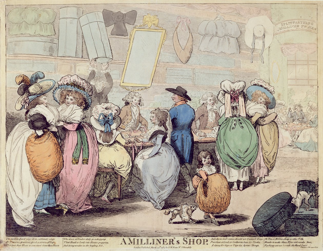 一个Milliner&39;s Shop，发表于1787年（手工彩色蚀刻） 作者 亨利·金斯伯里