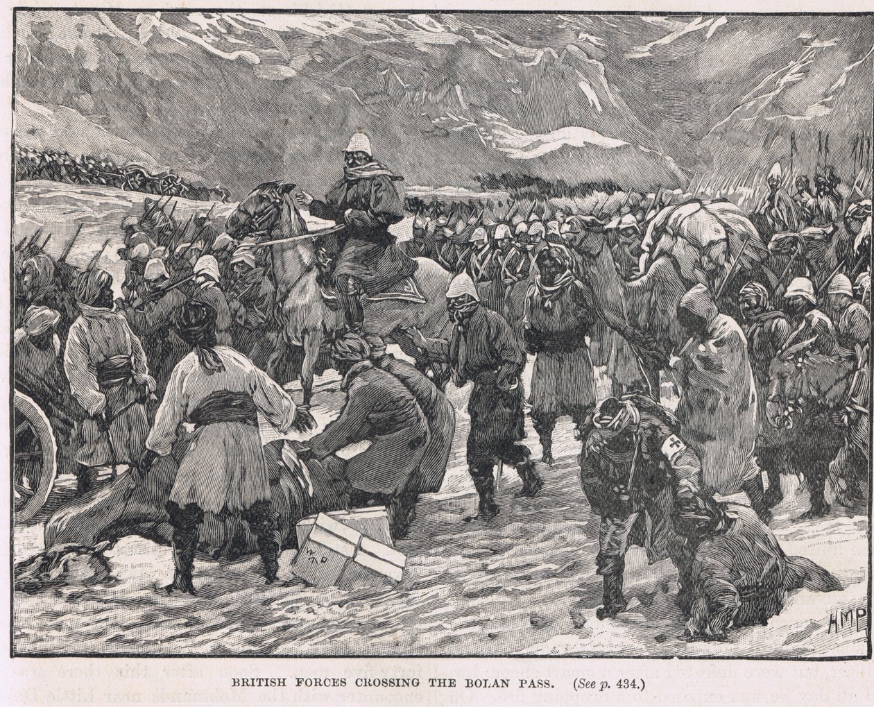 英国军队穿越博兰山口，插图来自卡塞尔的“英国插图史”，于1910年出版 作者 佩吉特亨利万豪酒店
