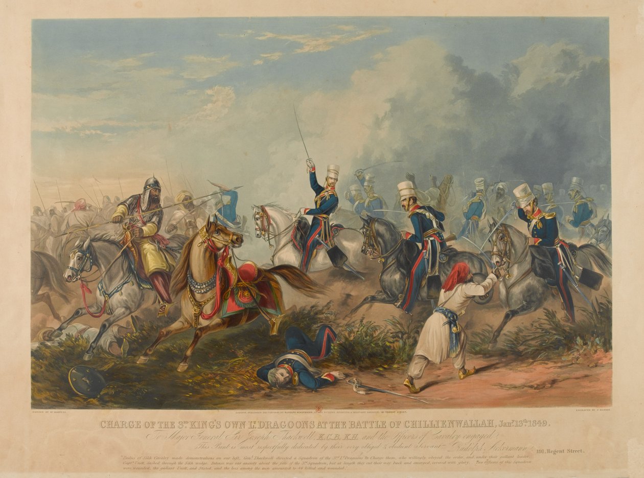1849年1月13日，Chillianwala战役中第3位国王自己的轻型龙骑兵的冲锋，由J. Harris雕刻，1849年（彩色aquatint） 作者 亨利·马滕斯