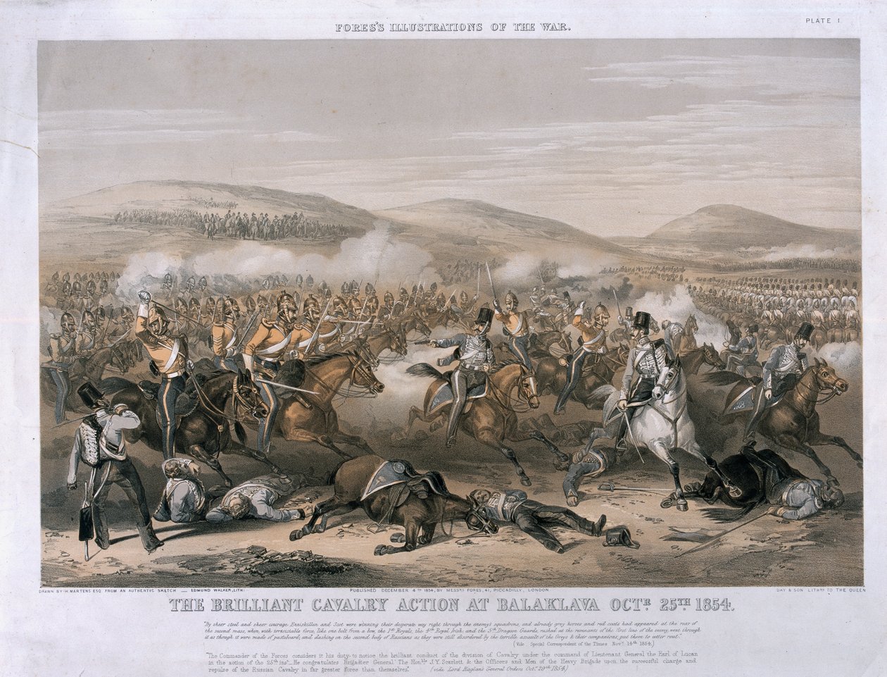 1854年10月25日巴拉克拉瓦战役中的精彩骑兵行动，由Edmund Walker雕刻，1854年出版（有色版画） 作者 亨利·马滕斯