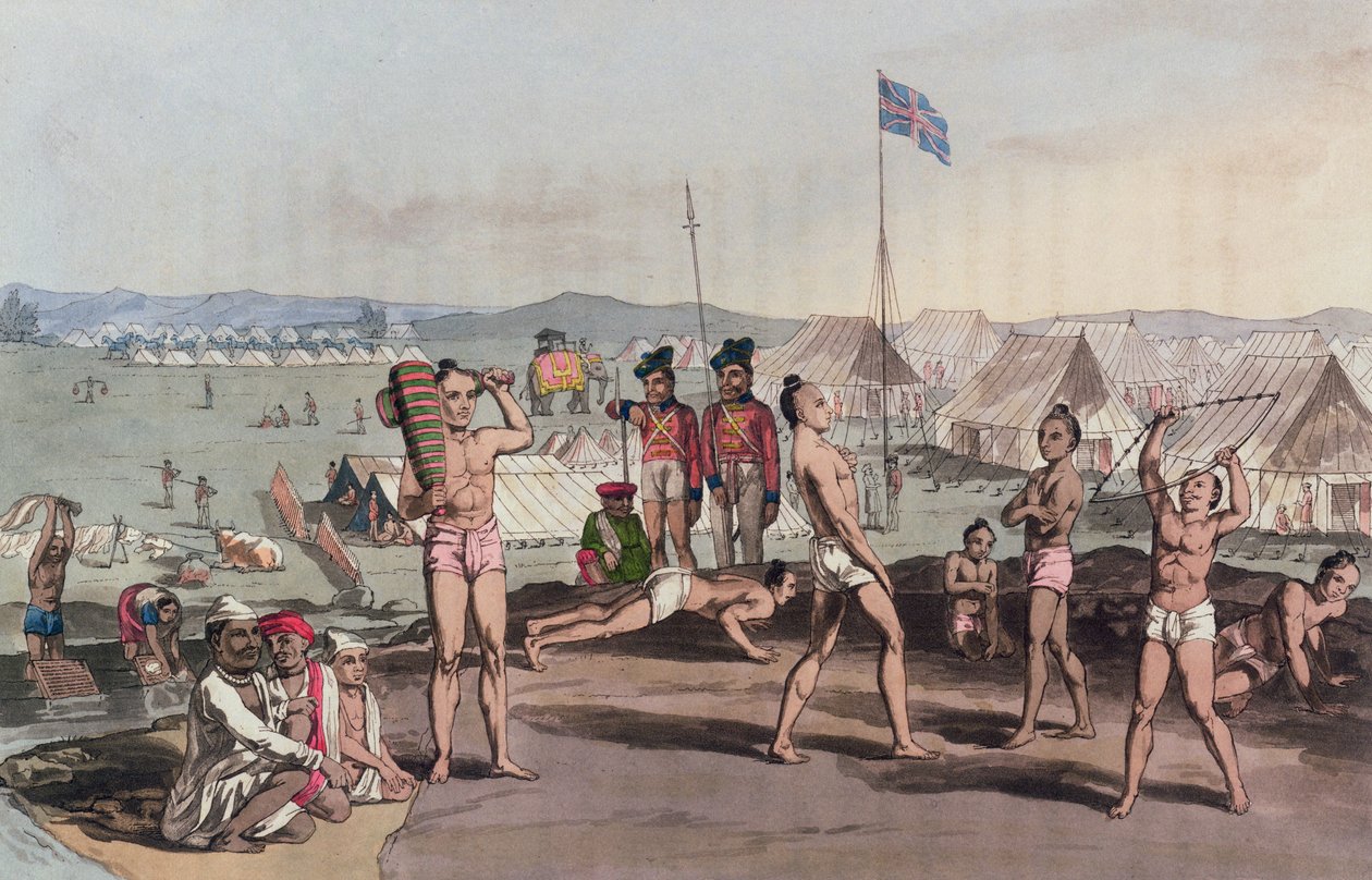 从1813年4月5日的&39;A Mahratta Camp&39;看到的英国居民营的Ukhara（彩色雕刻） 作者 亨利·摩西