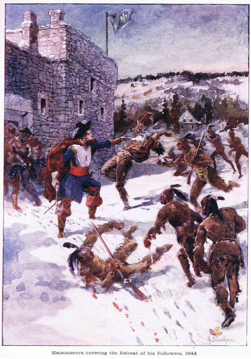 Maisonneuve涵盖了他的追随者1644年，c.1920的撤退 作者 亨利·桑德姆（Henry Sandham）