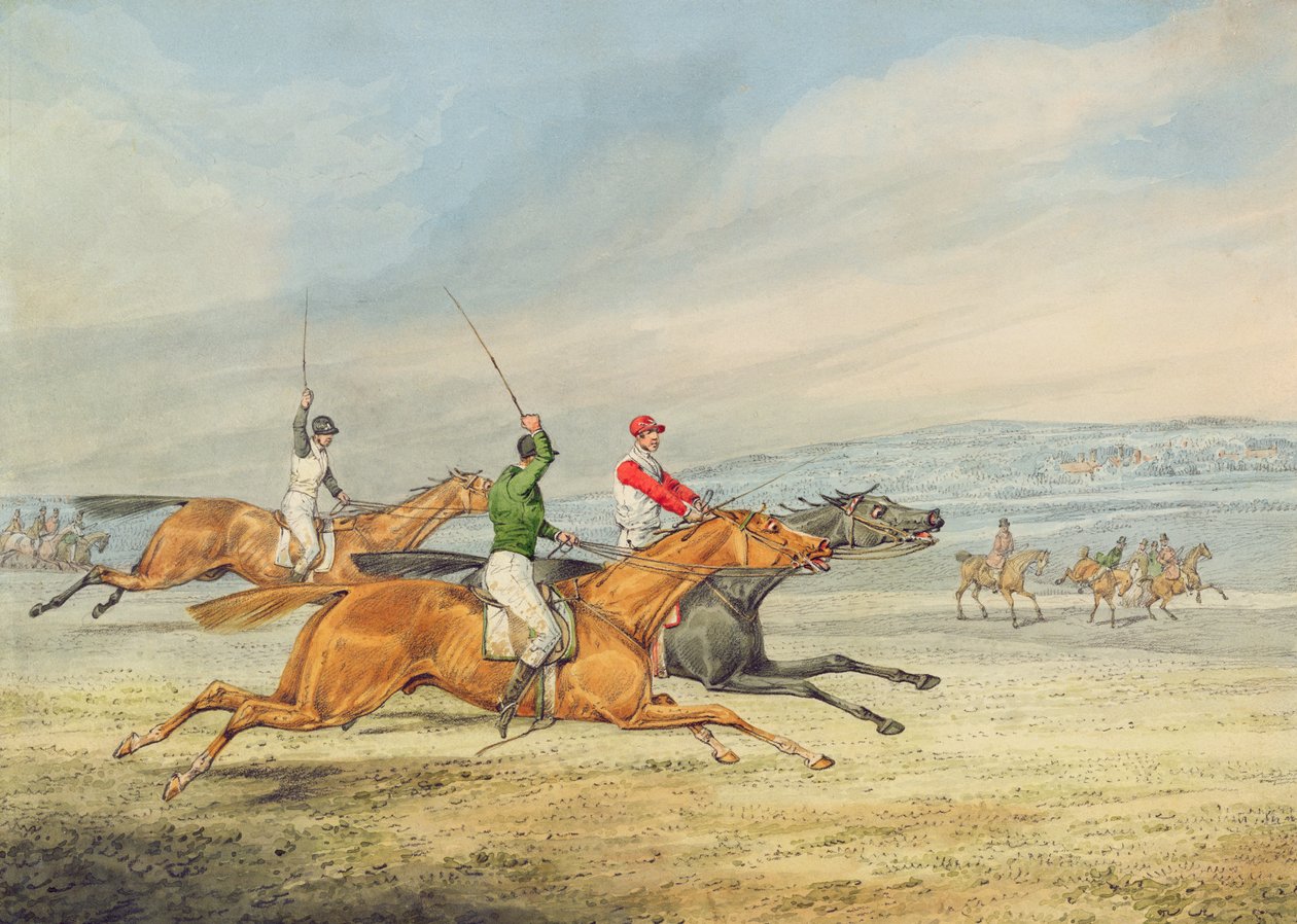 Steeplechasing：三个骑手向右奔跑，背景观众安装（石墨和纸板上的wc） 作者 亨利·托马斯·阿尔肯