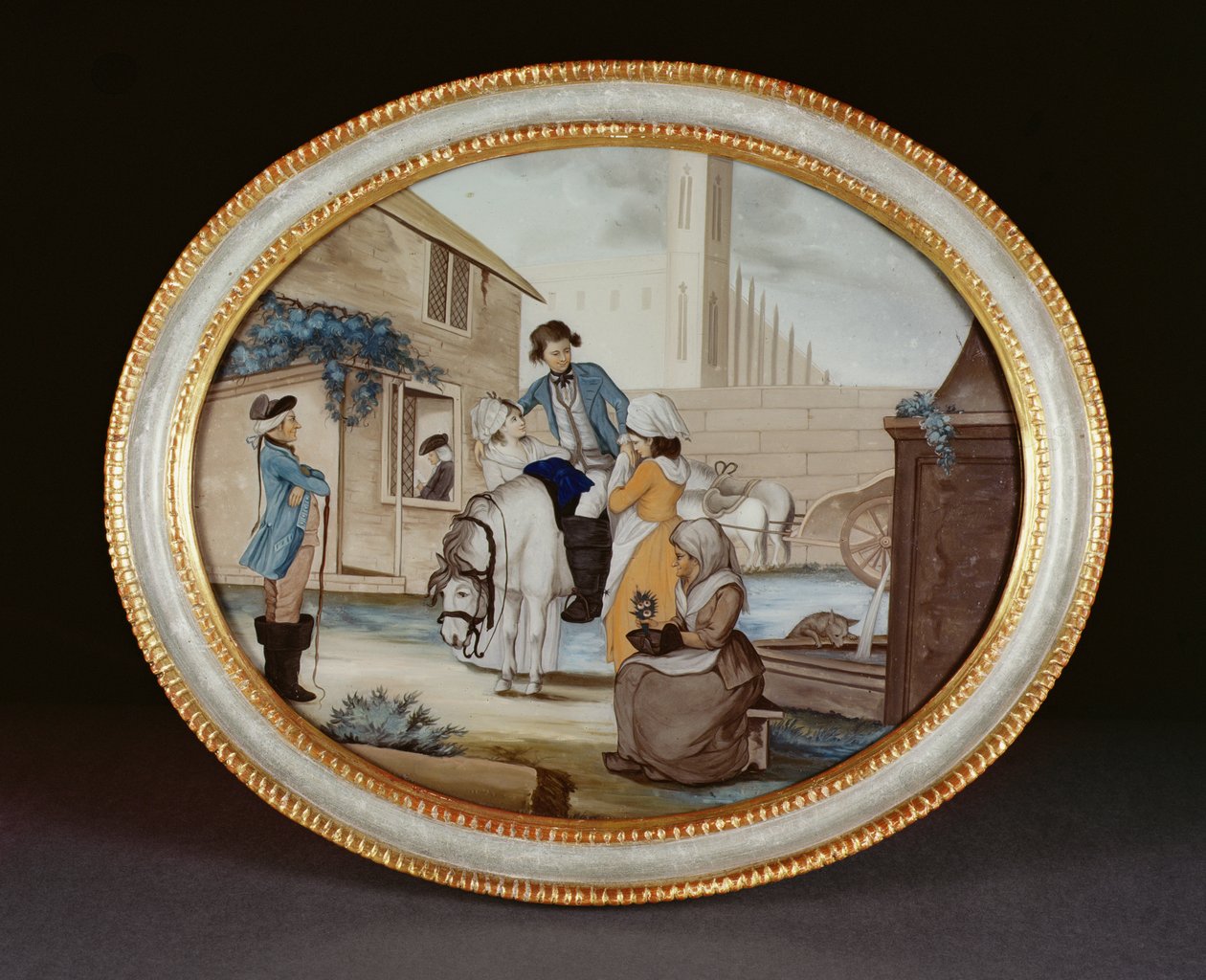 干隆时期（1736-95）c.1790（玻璃），一个反向玻璃画，显示酒馆外的告别场景 作者 亨利·班伯里