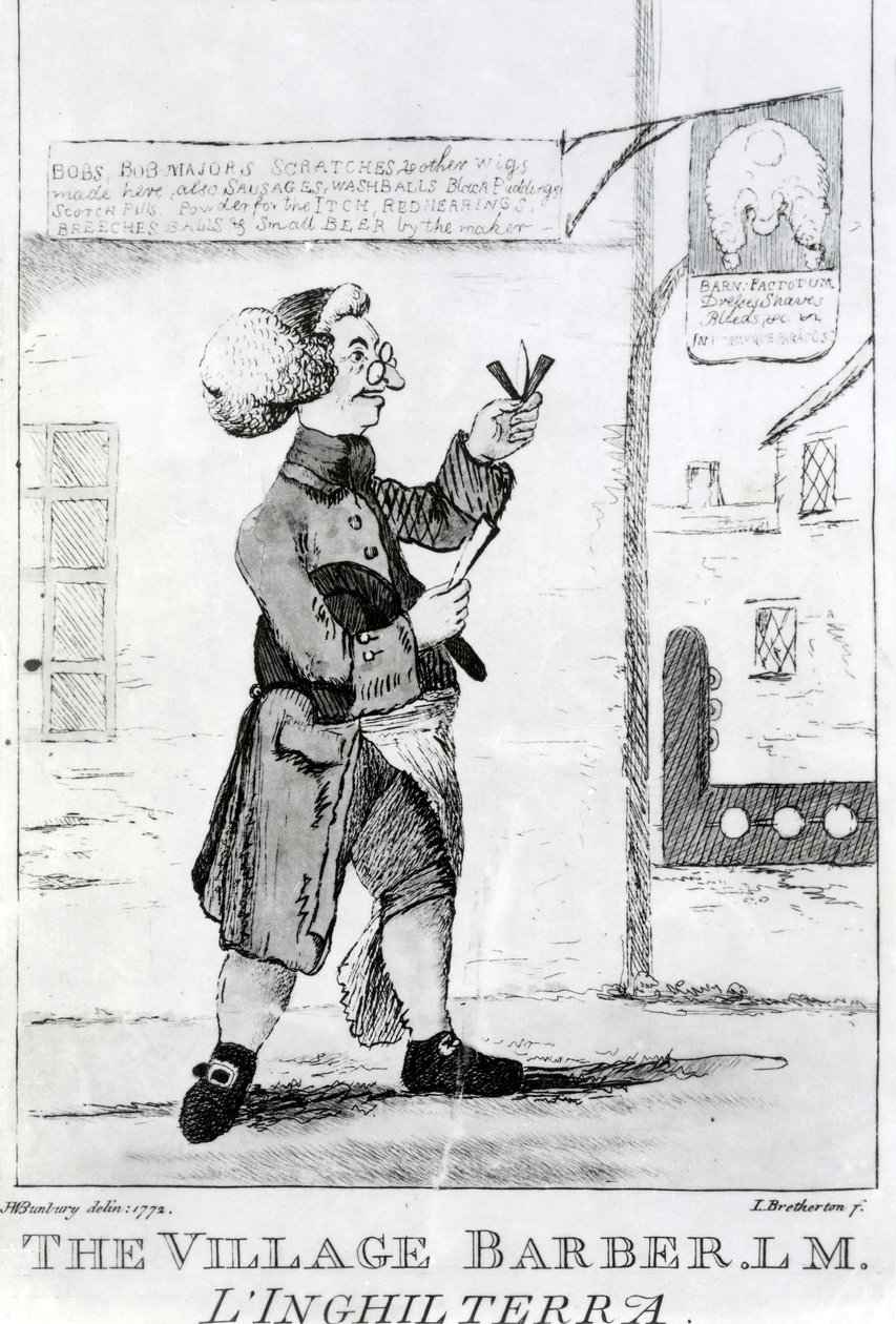 The Village Barber LM Inglaterra，由James Bretherton（1750-99）雕刻，1772年 作者 亨利·威廉·本伯里