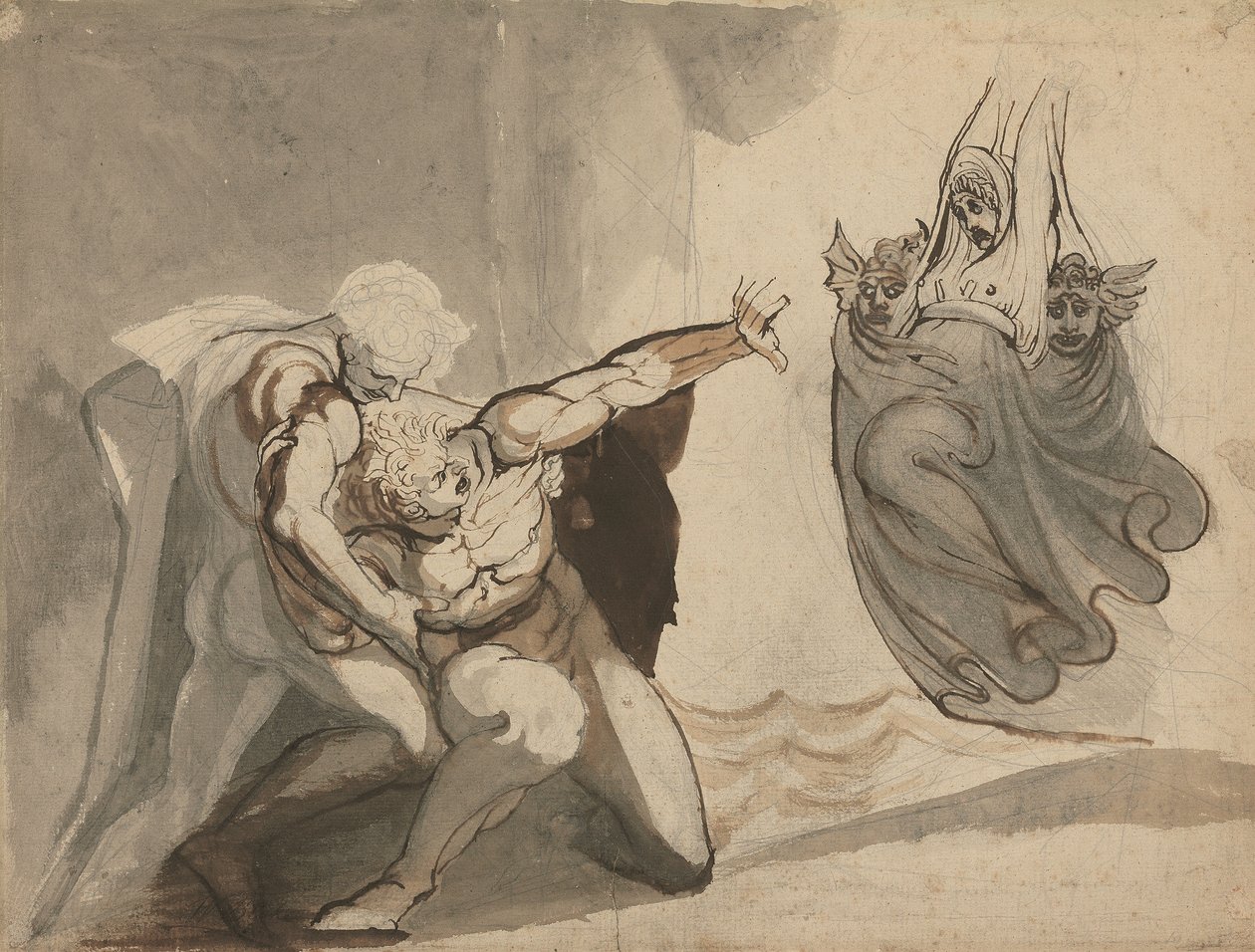 俄瑞斯忒斯的幻象》（纸上钢笔、墨水、石墨和水彩画） 作者 亨利 (1741 1825) 富塞利