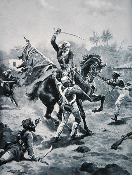 罗伯茨中尉赢得了他的V.C.，1858年1月2日，插图来自《国家的历史》（石印）。 作者 亨利·佩恩
