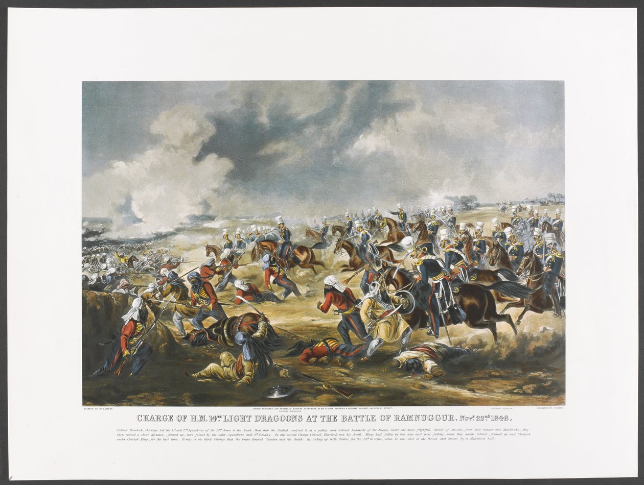 Charge of H.M. 14th Light Dragoons at the Battle of Ramnuggur, 22nd November 1848, engraved by J. Harris, c.1851 (colour photolitho) 作者 亨利（后）马滕斯