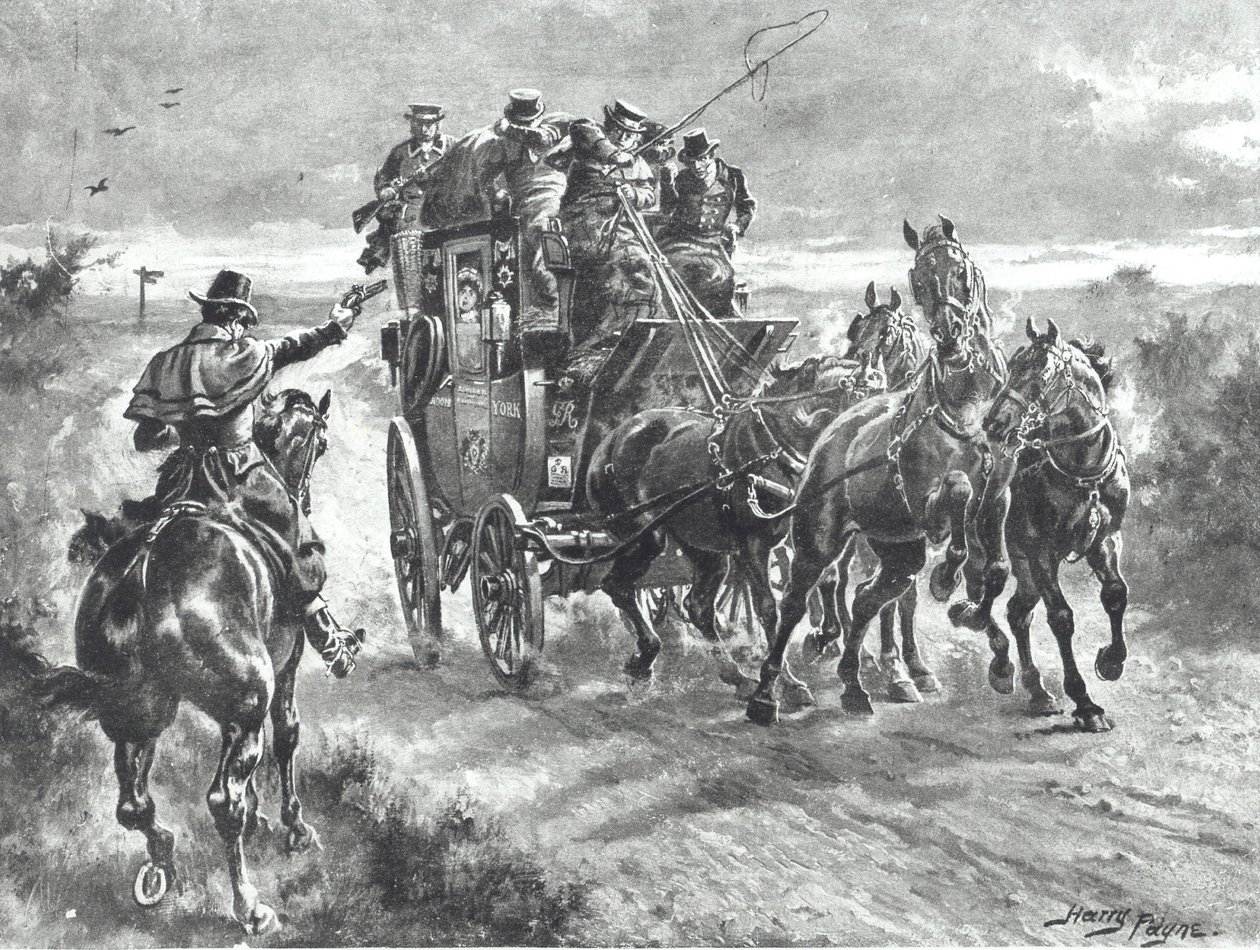 Stand and Deliver"，19世纪初公路工人举起了驿车（石印）。 作者 亨利·佩恩