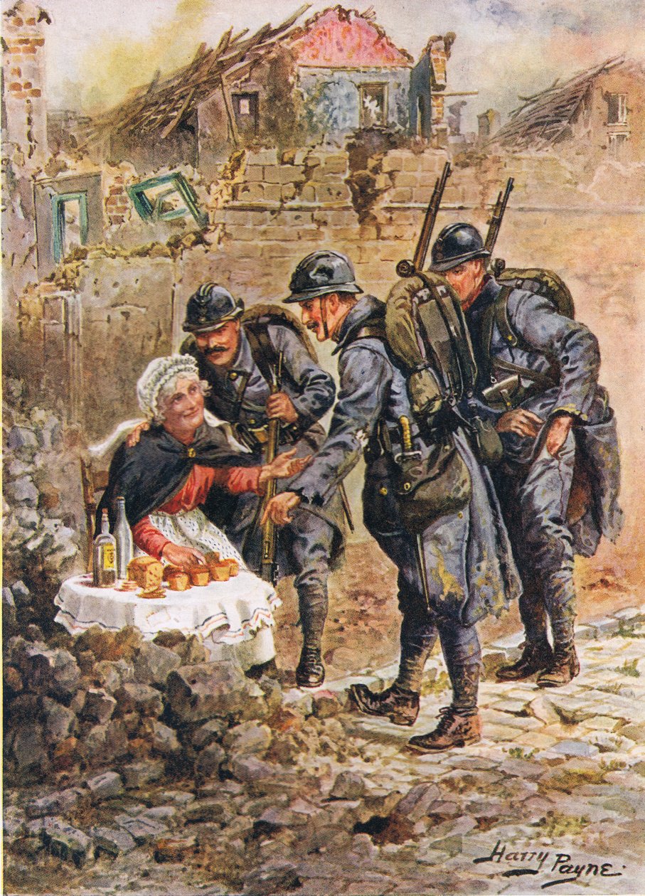 一个老妇人在凡尔登的落下的房子里卖蛋糕，勇敢的人的例子由C. Sheridan Jones，酒吧的勇敢的人。 1922年 作者 亨利A.1868 1940佩恩