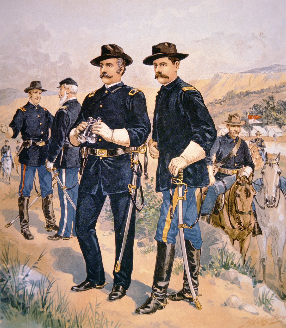 纳尔逊-A.迈尔斯准将，身着战役服的军官和士兵1888年（彩色平印）。 作者 亨利·亚历山大（后）奥格登