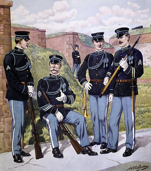 1902-07年美国步兵整装待发，装备美国1903型弹夹步枪（彩色平印）。 作者 亨利·亚历山大（后）奥格登