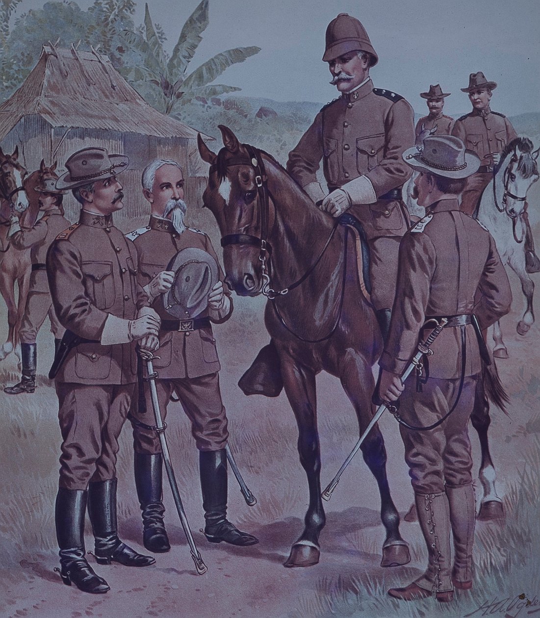 1898年美西战争，美国军队，在古巴的第五军团第二师指挥官劳顿将军骑马。 作者 亨利·亚历山大·奥格登