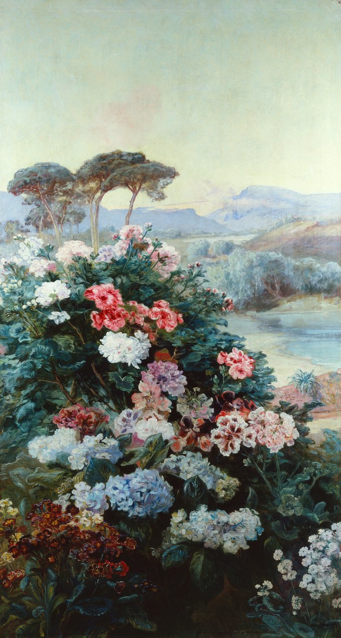 山茶花和风景中的其他花卉（布面油画） 作者 亨利·亚瑟·邦尼富（Henry Arthur Bonnefoy）