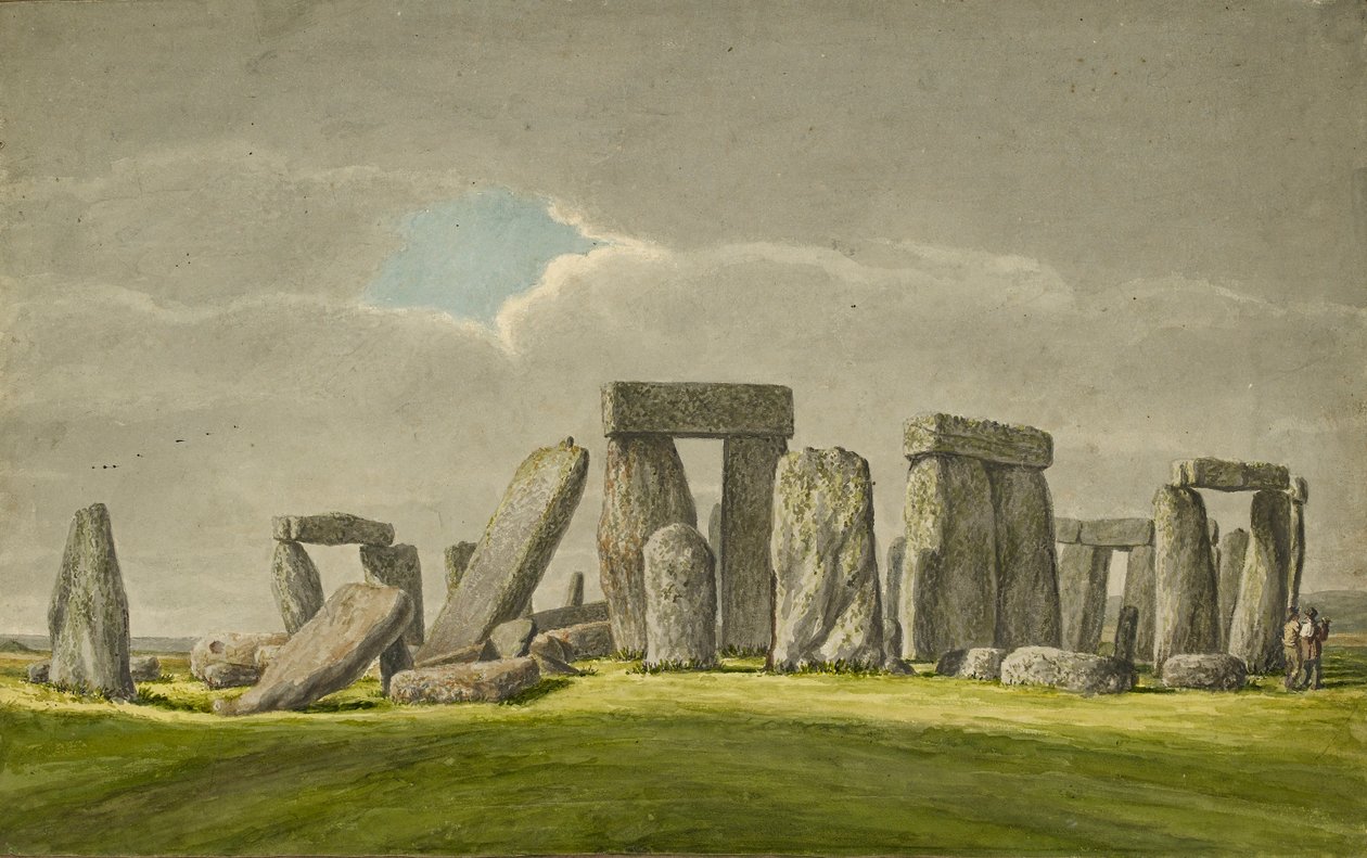 从东南方向看巨石阵，显示了处于废墟状态的石头和两名游客，1824-1839年 作者 亨利·布朗