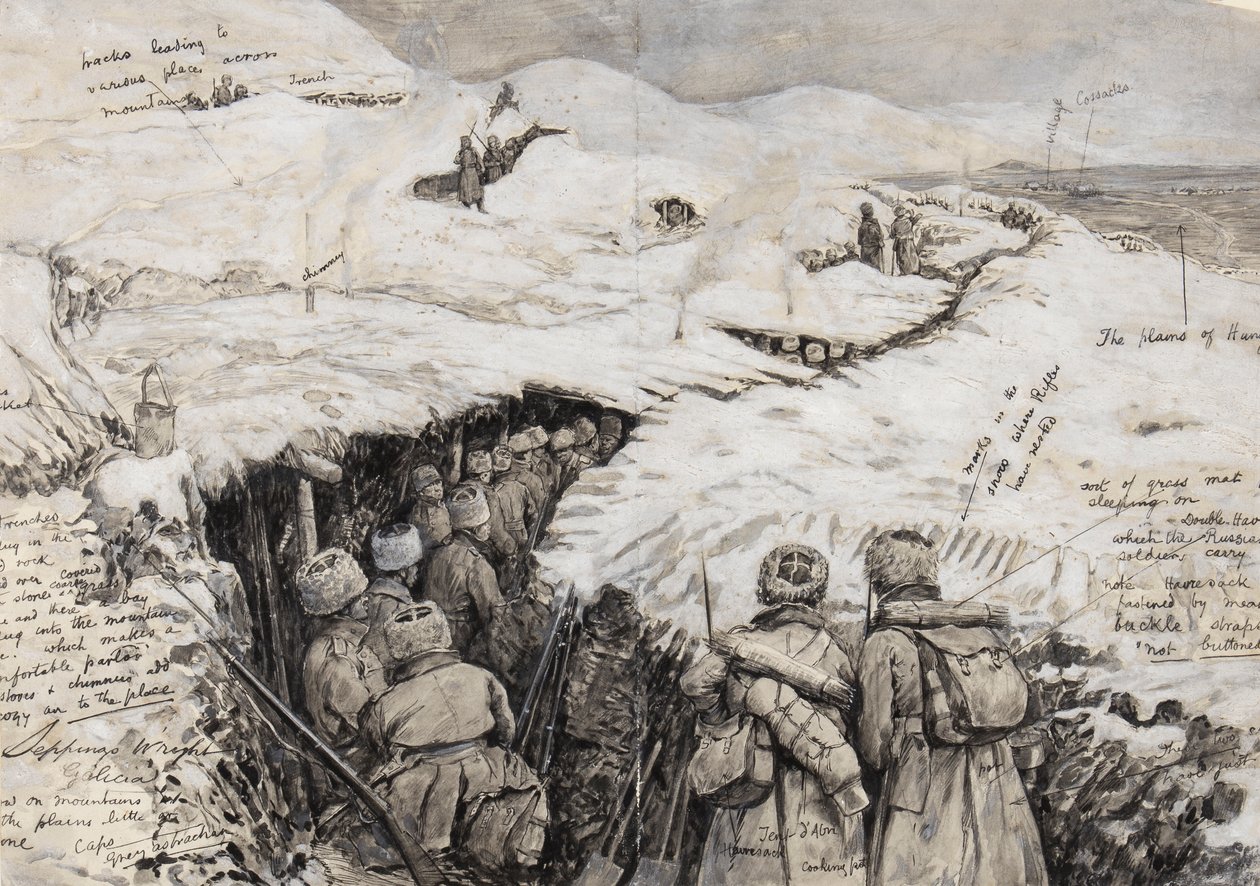 加利西亚，俄罗斯军队穿着雪覆盖的山丘，1916年3月13日（墨水和水粉在纸上） 作者 亨利·查尔斯·塞普金斯·赖特