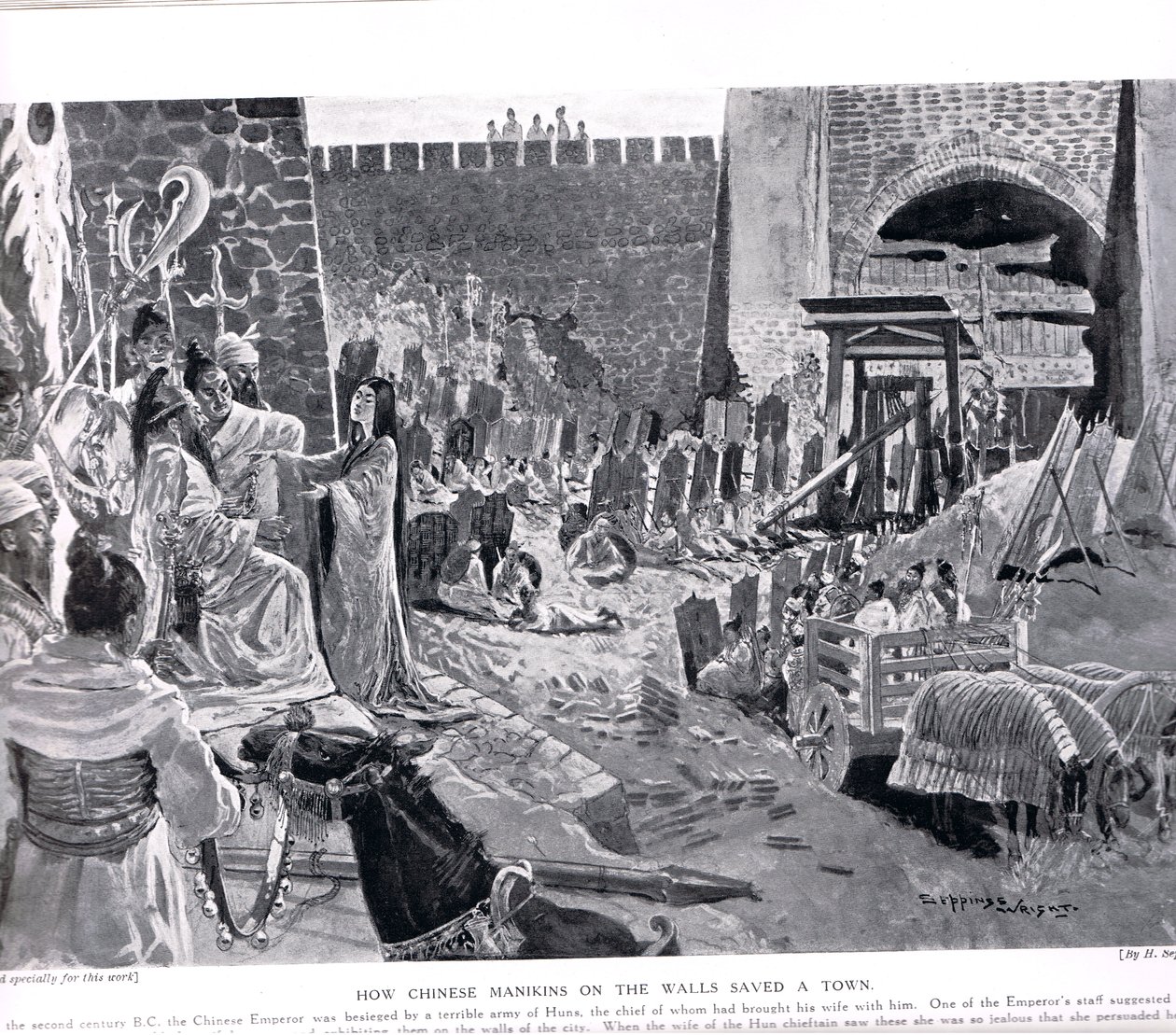 中国的曼宁林如何拯救一个城镇，插图来自“哈钦森国家历史”，c.1920 作者 亨利·查尔斯·塞普金斯·赖特