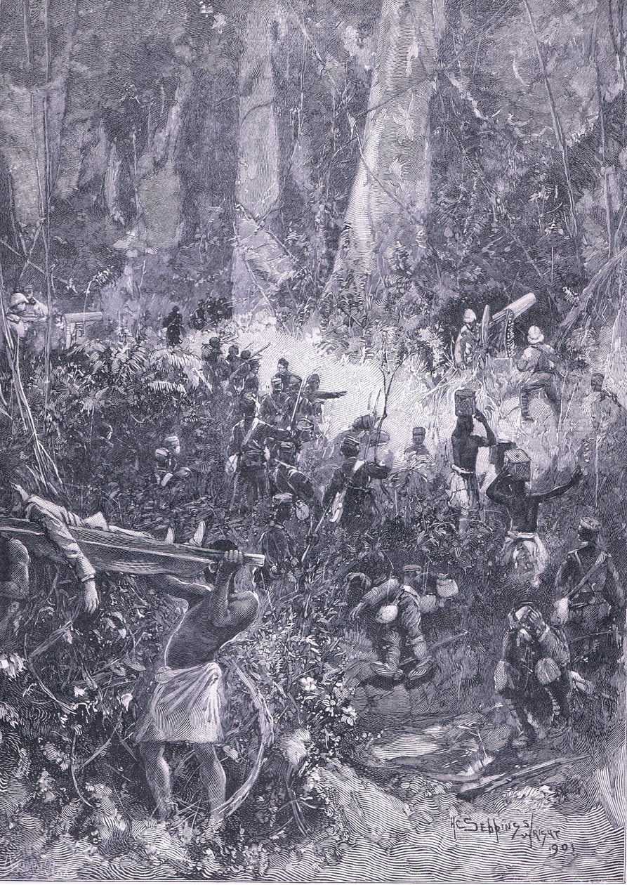 阿桑蒂战争1900年：在森林里的战斗，插图来自英格兰的历史，20世纪 作者 亨利·查尔斯·塞普金斯·赖特