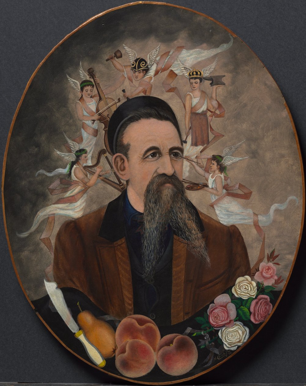 与五位缪斯女神的自画像，约 1880 年（裱在木板上的纸面油画） 作者 亨利·丘奇